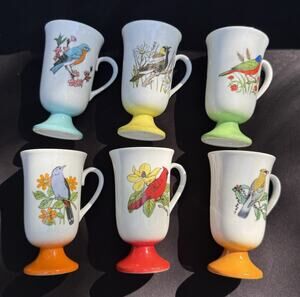 6 Fred Roberts Pedestal Bird Print Porcelain Ceramic Cup Mugs Vintage Full Set!